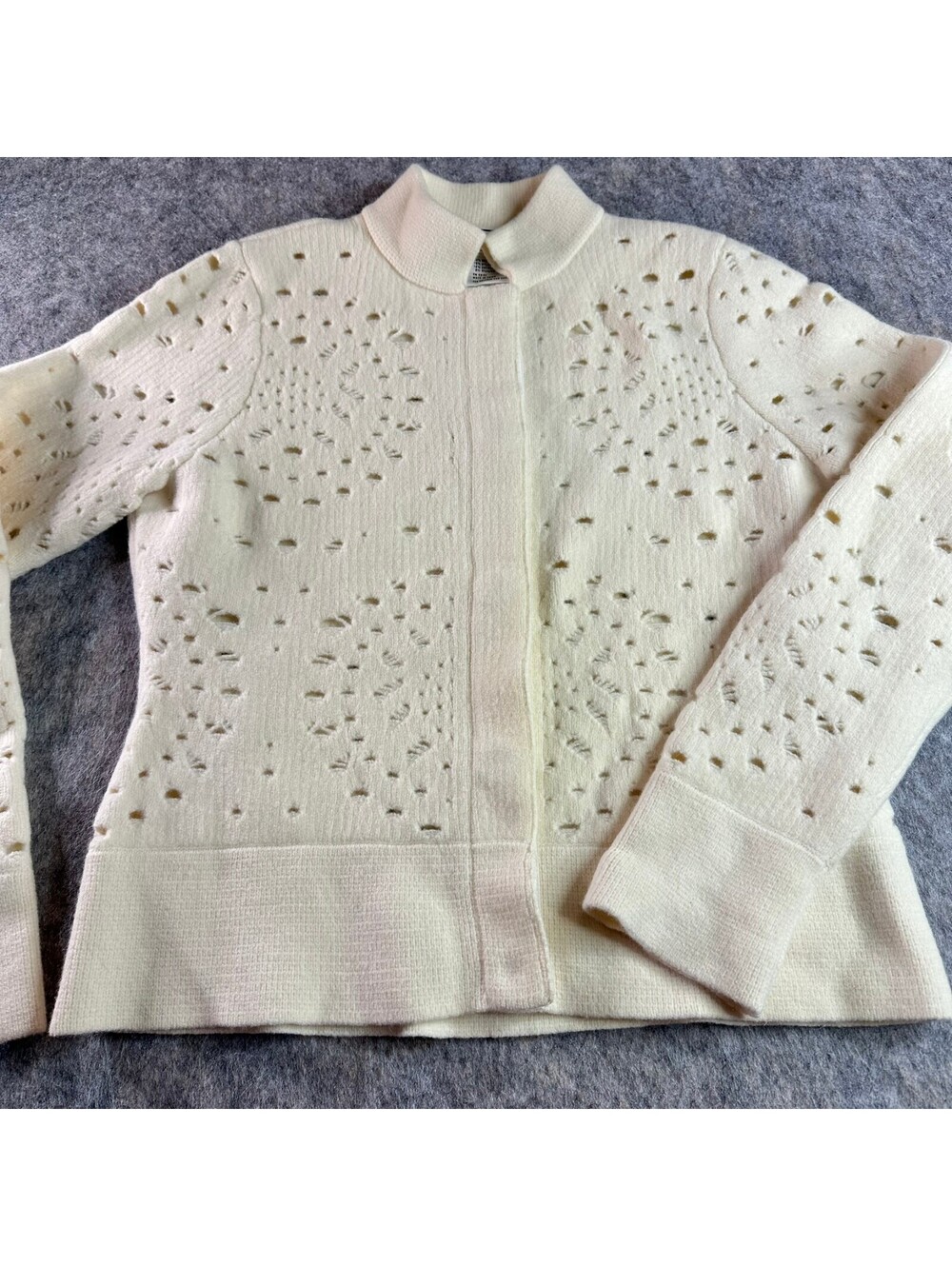 Carlisle Ivory Merino Angora Cutout Pattern Button Front Cardigan Sweater M